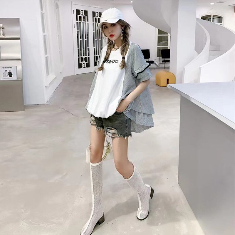 サマースタイルラウンドネックストライプスリーブトップス ルーズ薄手Tシャツ 大きめサイズ 夏物 Oネック ヨーロピアン ミックスインファッション21577418484