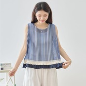 TRUBE 【2点セット】ストライプ裾装飾フリルトップス×ワイドパンツ【M~L】ネイビー