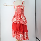 フラダンス 衣装 ワンピース ドレス レイアロハ レッド系 Lei Aloha 日本製 アシンメトリー フリル キャミソールドレス かわいい 華やか 鮮やか 明るい 赤 白 ハワイアン アロハ ハワイアンプリント フラ ダンス レッスン 練習 ドレスアップ