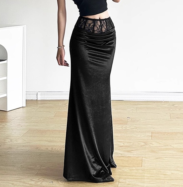 レディース スカート ボトムス ロングスカート ロング タイト スリム 細身 ストレート レース ベロア かわいい 大人可愛い きれいめ 上品 おしゃれ エキゾチック クール エレガント 主役級 存在感 ラグジュアリー クラシカル 無地 春 秋 冬 ロングシーズン デート お出かけ パーティー イベント レストラン ホテル 発表会 コンサート 美脚 脚長 プチプラ 普段使い 着回し モテ 清楚 インスタ映え S M L 小さいサイズ 大きいサイズ 黒 ブラック ベーシックカラー 大人カラー