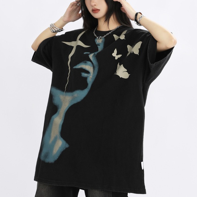 face × butterfly print short-sleeve tee　フェイス×バタフライプリント半袖ティー　J2081