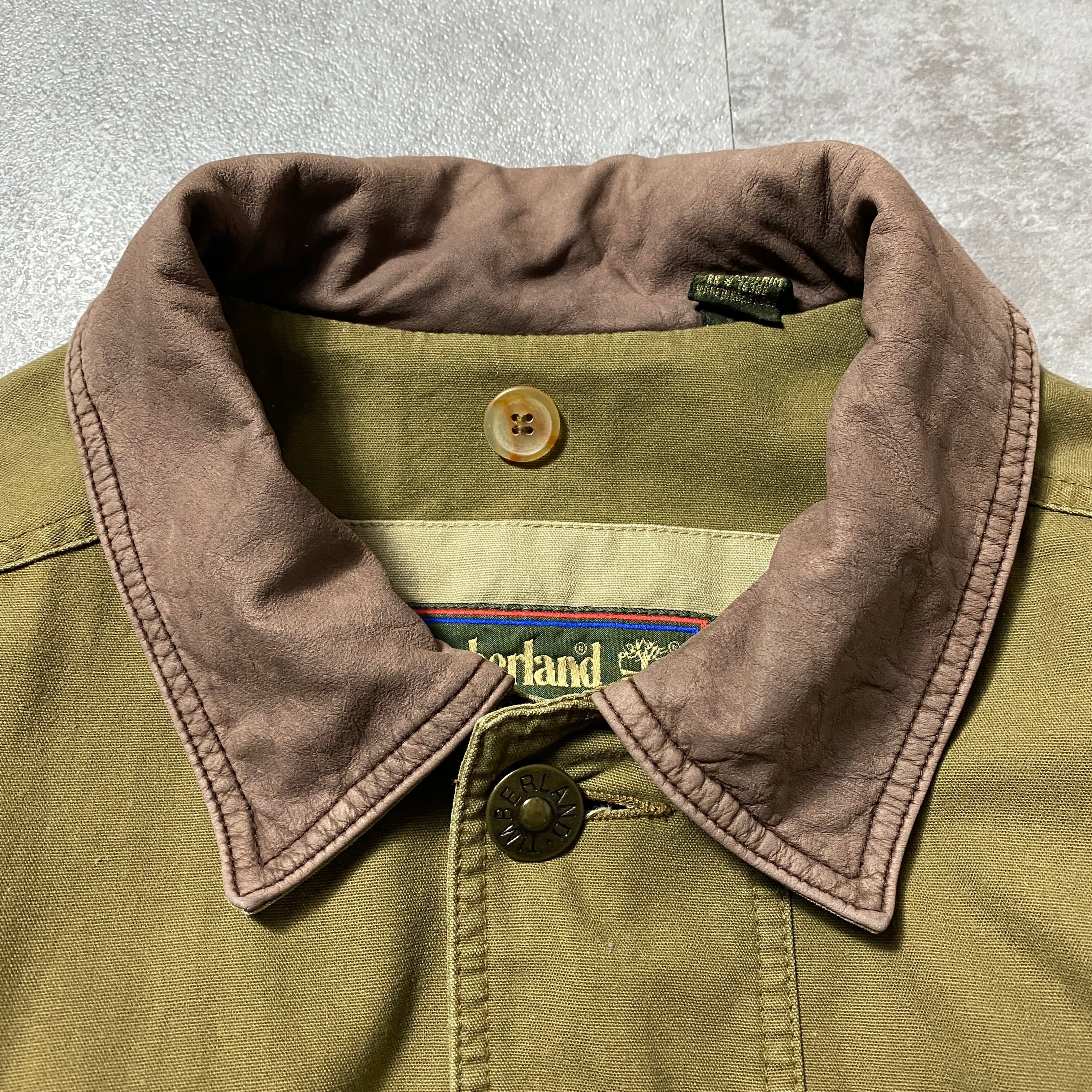 90's Timberland ティンバーランド レザー襟 メタルボタン ミドル丈