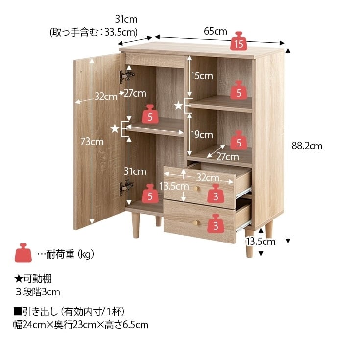 全2色】コンパクトさと収納力を両立した脚付きキャビネット (幅65cm