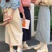 スカート デニム生地 ミディアム丈 スリット バックオープン ハイウエスト 脚長効果 美脚効果 細見え 春 白 水色 紺色 かわいい おしゃれ カジュアル 韓国ファッション レディース お出かけ