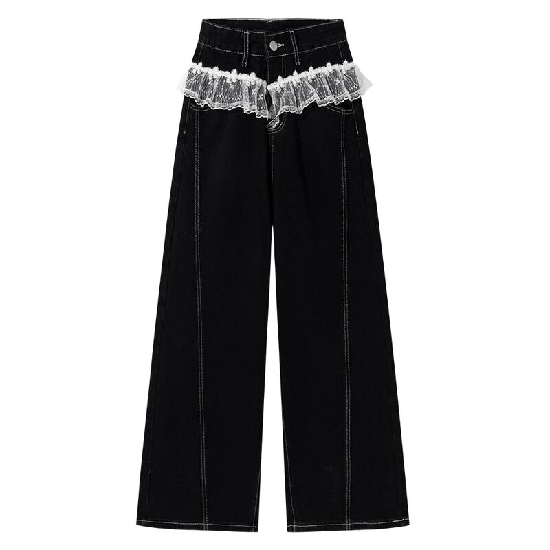 lace-up high waist wide denim pants m0326