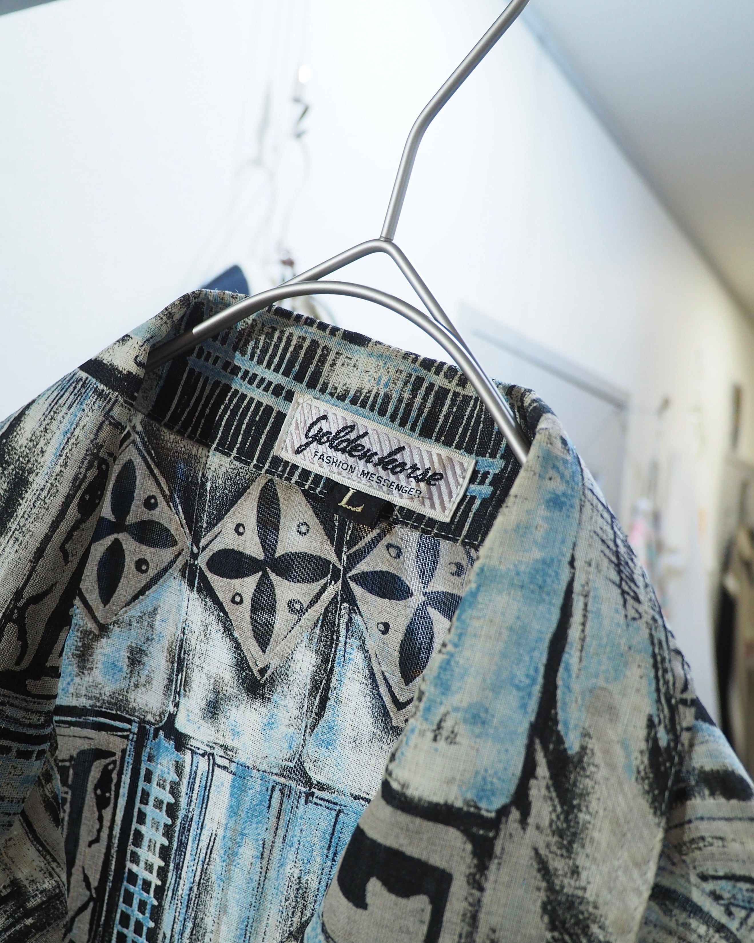 1980 - 90s Cold tone Ink painting vintage loose SS Open collar Shirt