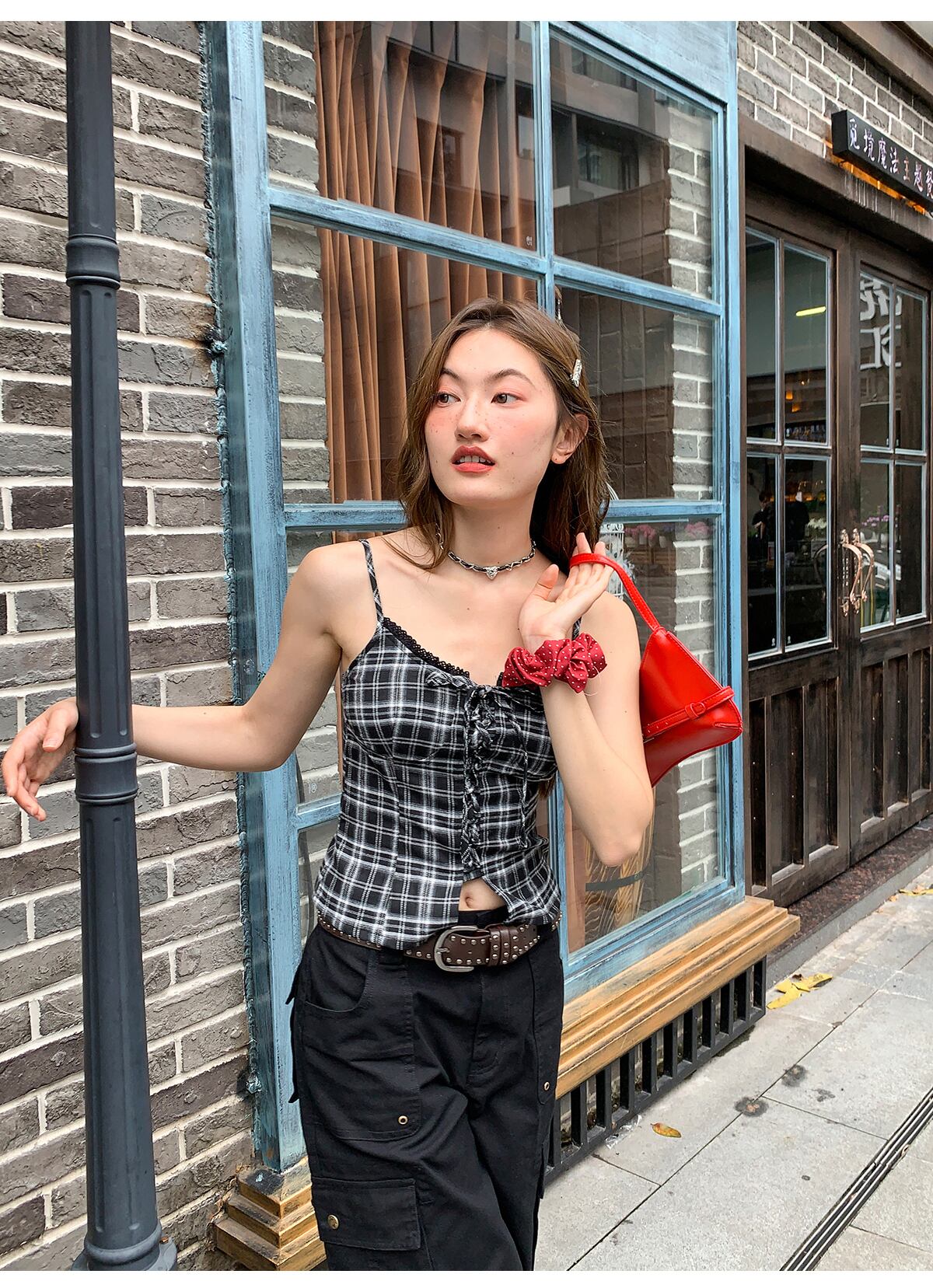 激レア　希少　アンティークレース　バレエコア　キャミソール　ノースリーブ トップス キャミソール チェック柄 レース 袖あり レトロ バレエコア