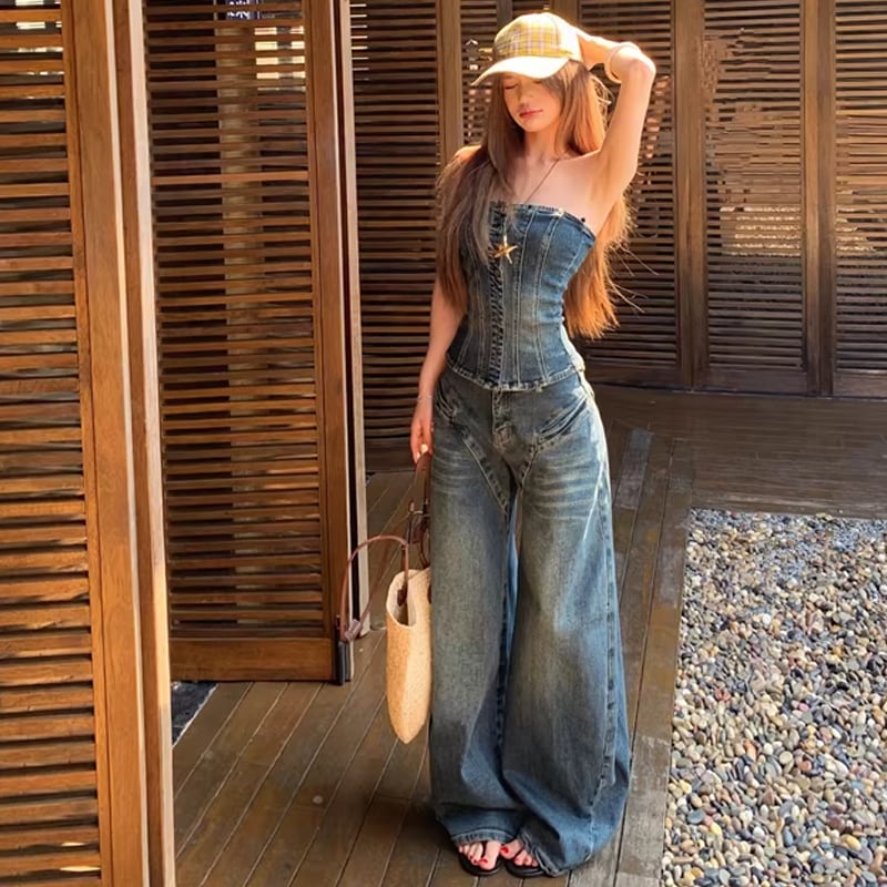 【set】デニムチューブトップス×デニムワイドパンツセット Q8365