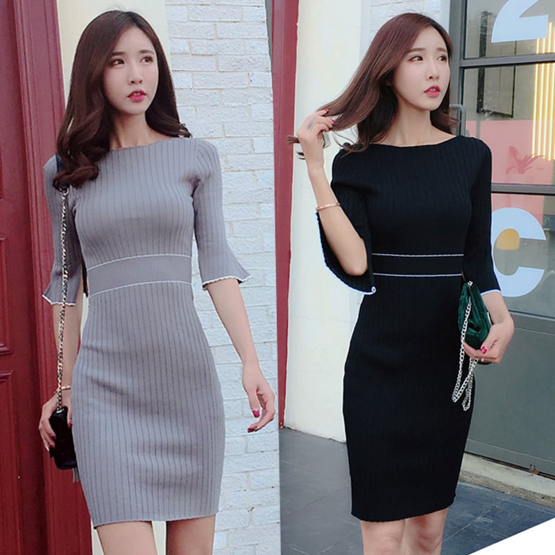 五分袖 バイカラー リブニット タイト ワンピース