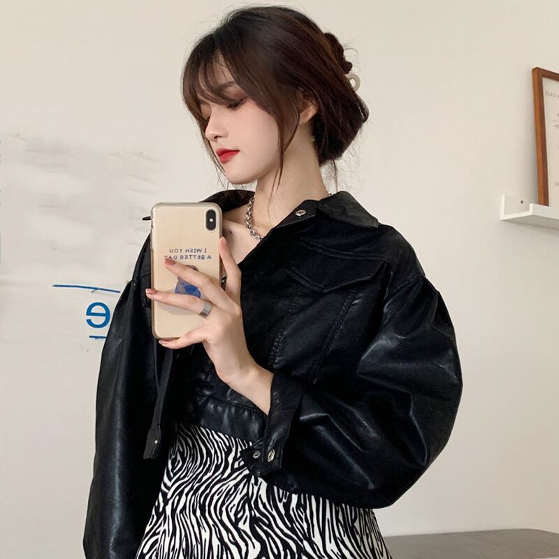 ブラックショートレザージャケット スプリングオータムルーズ 春物 秋物 試着室62104110128