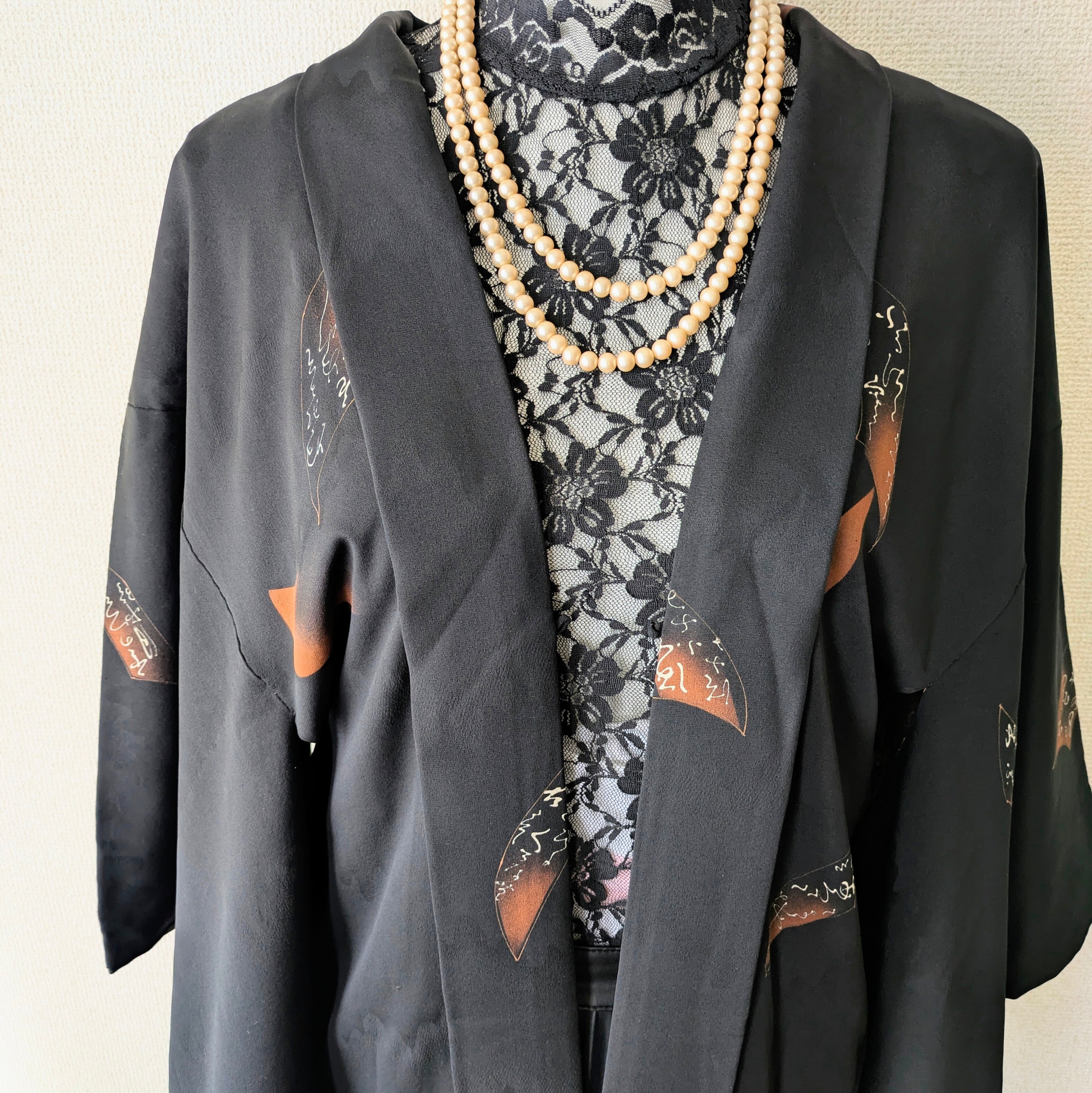 Vintage】HAORI 羽織 正絹 黒 百人一首柄 大正浪漫 古布 時代布 和洋