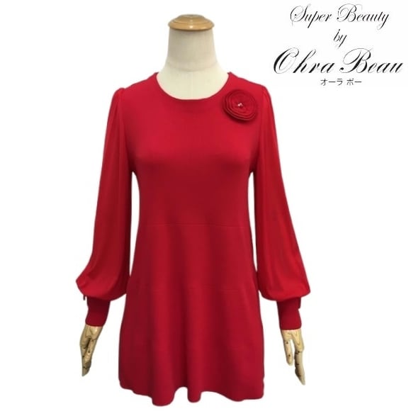 スーパービューティー チュニック 袖パワーネット ニット 2421009 レッド 2024/2025年秋冬 オーラボー 大人かわいい服 大人スタイル キレイメ Super Beauty レディース アパレル 女性 M L LL 30代 40代 50代 60代