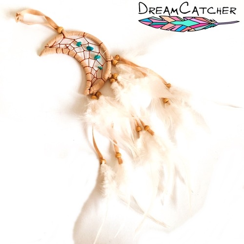 【バリ島直輸入】ネイティブ ミニ ドリームキャッチャー (月×ベージュ×ターコイズ) フェザー