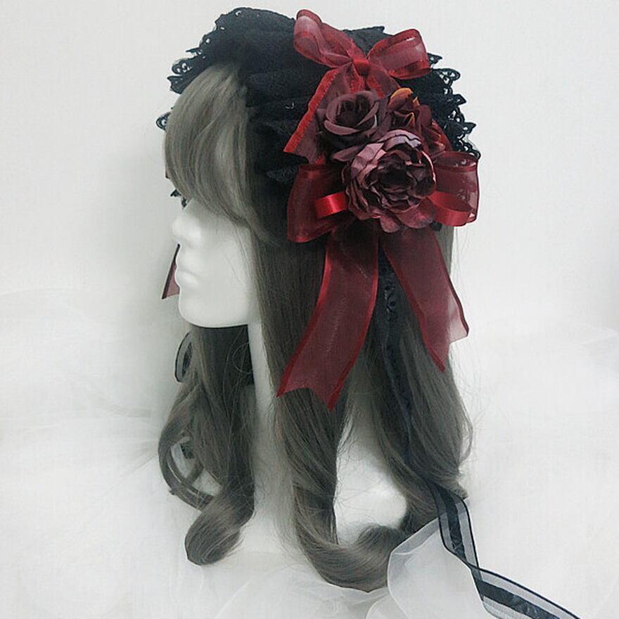 サブカル 服 地雷系 通販 ロリータ ヘアドレス レース カチューシャ 薔薇 ローズ リボン 闇かわいい