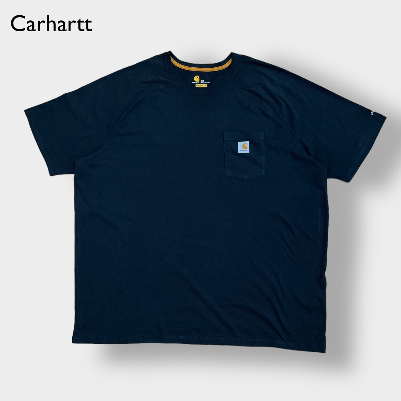 【Carhartt】3XL ビッグシルエット ワンポイント ポケットTシャツ ポケT カーハート FORCE ラグラン ブラック半袖 夏物 US古着