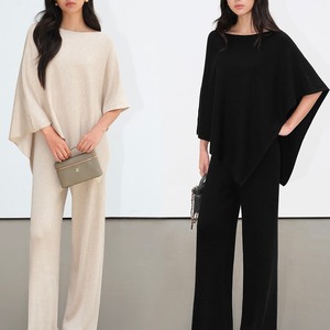 Knit Shawl Straight-Leg Pants Set up【H00538】