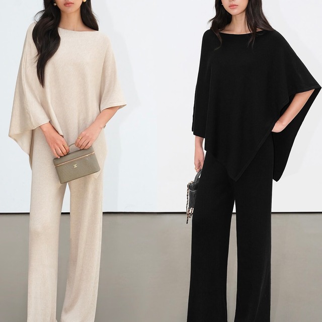 Knit Shawl Straight-Leg Pants Set up【H00538】
