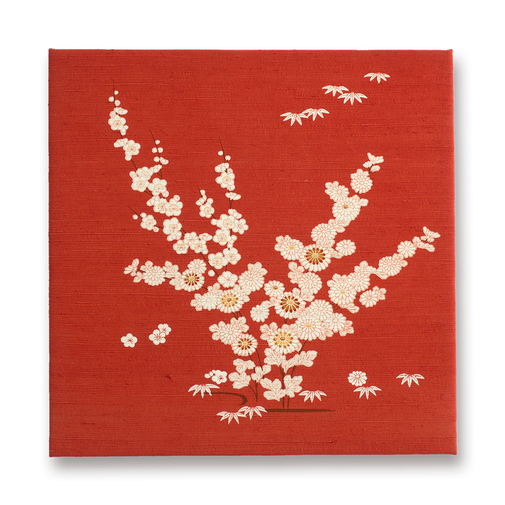 ビンテージファブリックパネル（染色プリント）古代紬 四君子（赤 