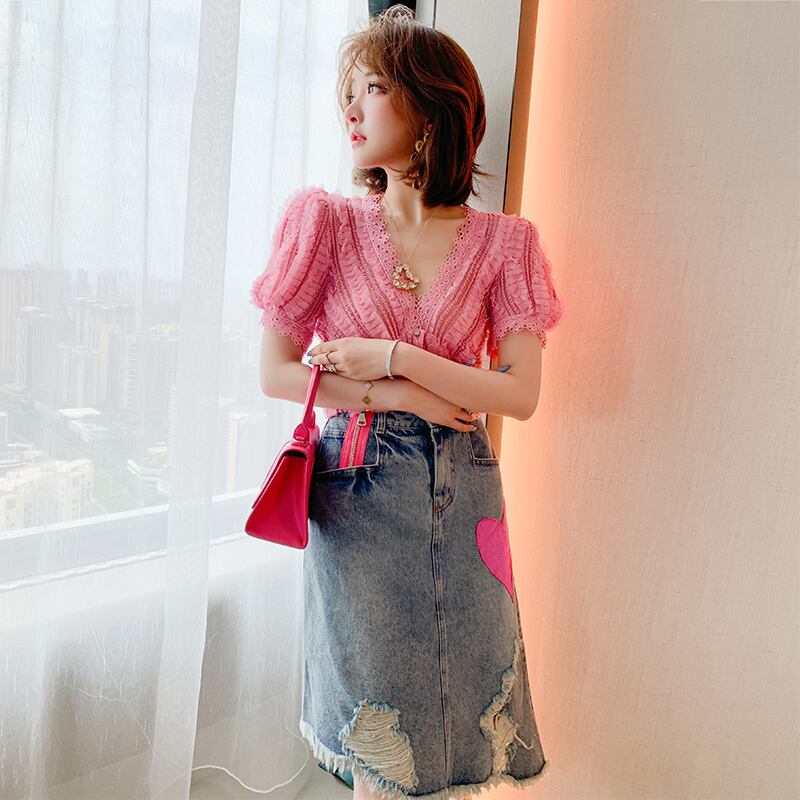 レースVネックメッシュトップス スカート オータム 秋物 ステッチ MIUCO23728649749