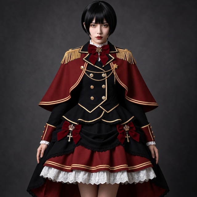 「深紅の王立近衛隊 金刺繍ケープと肩章の軍服ロリータ3点セット」