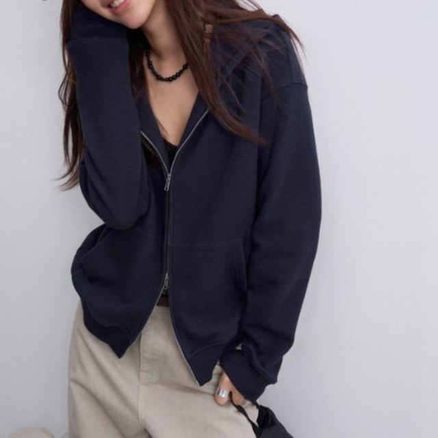 ワッフルニットダブルジップフーディ 2color [am03923]