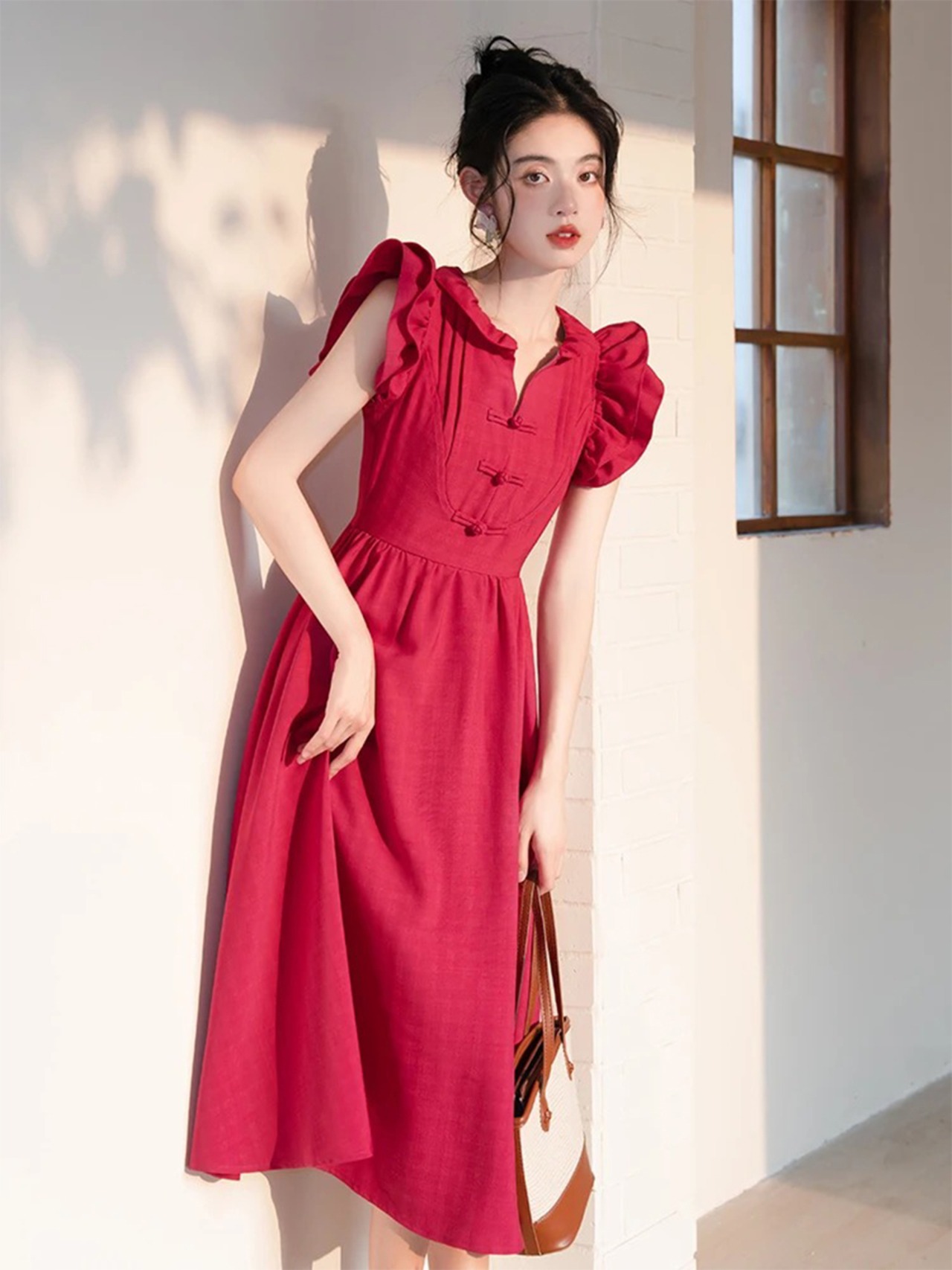 【0245】Retro A-line Frill Short Sleeve Dress