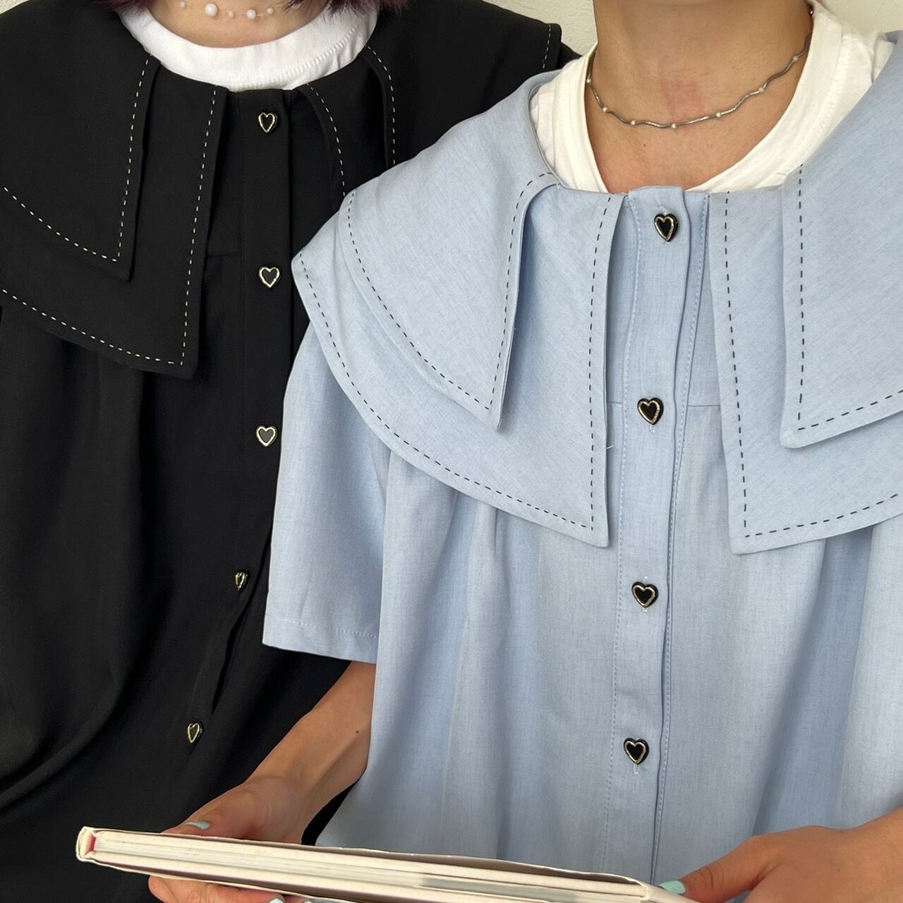 ダブルビッグカラーハートボタンロングシャツワンピ_LN02218