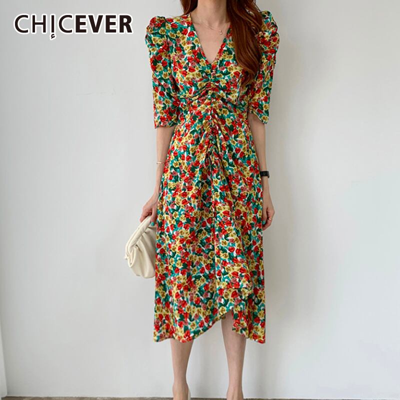 CHICEVERプリントヒットカラードレスレディースVネックパフスリーブ巾着シャーリングオーバーサイズルーズミディドレス2020 6base59301274132