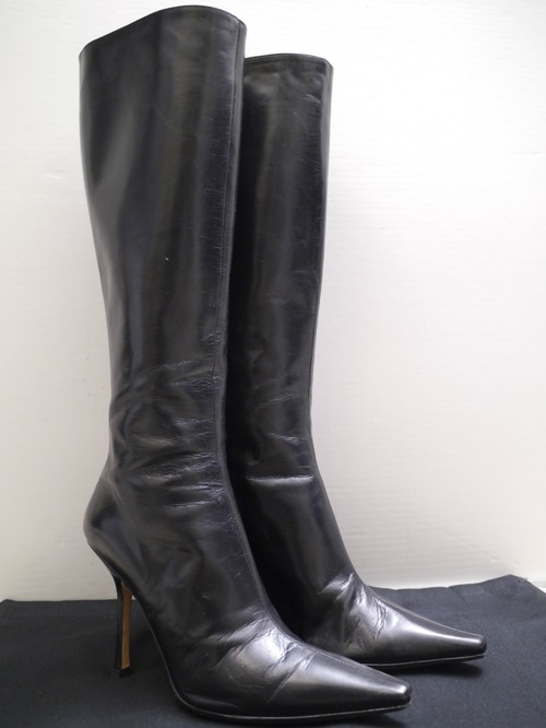 美品★JIMMY CHOO ジミーチュウ スムースレザー ヒール ロング ブーツ 37.5 黒★ 秋冬の足元にピッタリのスタイリッシュな定番人気モデル♪