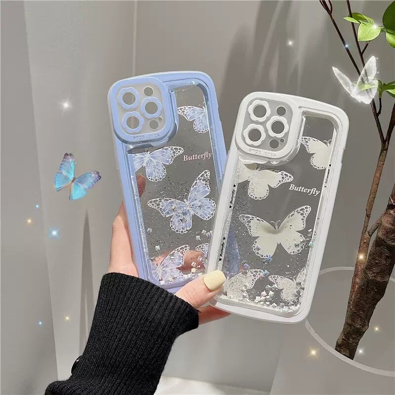 キラキラ光るグリッター 液体ケース バタフライデザイン Iphoneケース Iphoneカバー ２カラー 蝶 蝶々 韓国っぽ クリア スマホ お花 ホワイト Lamitte Deco トレンド 韓国ファッション ショップ Base店