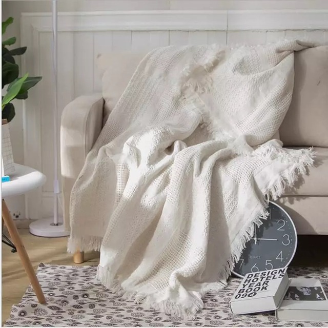 北欧風fringe blanket/cross white beige  130×180
