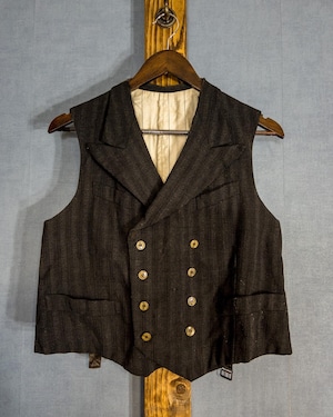 【1920s】"French Work" Cotton Stripe Double Peaked Lapel Vest, With Cinch Back!!