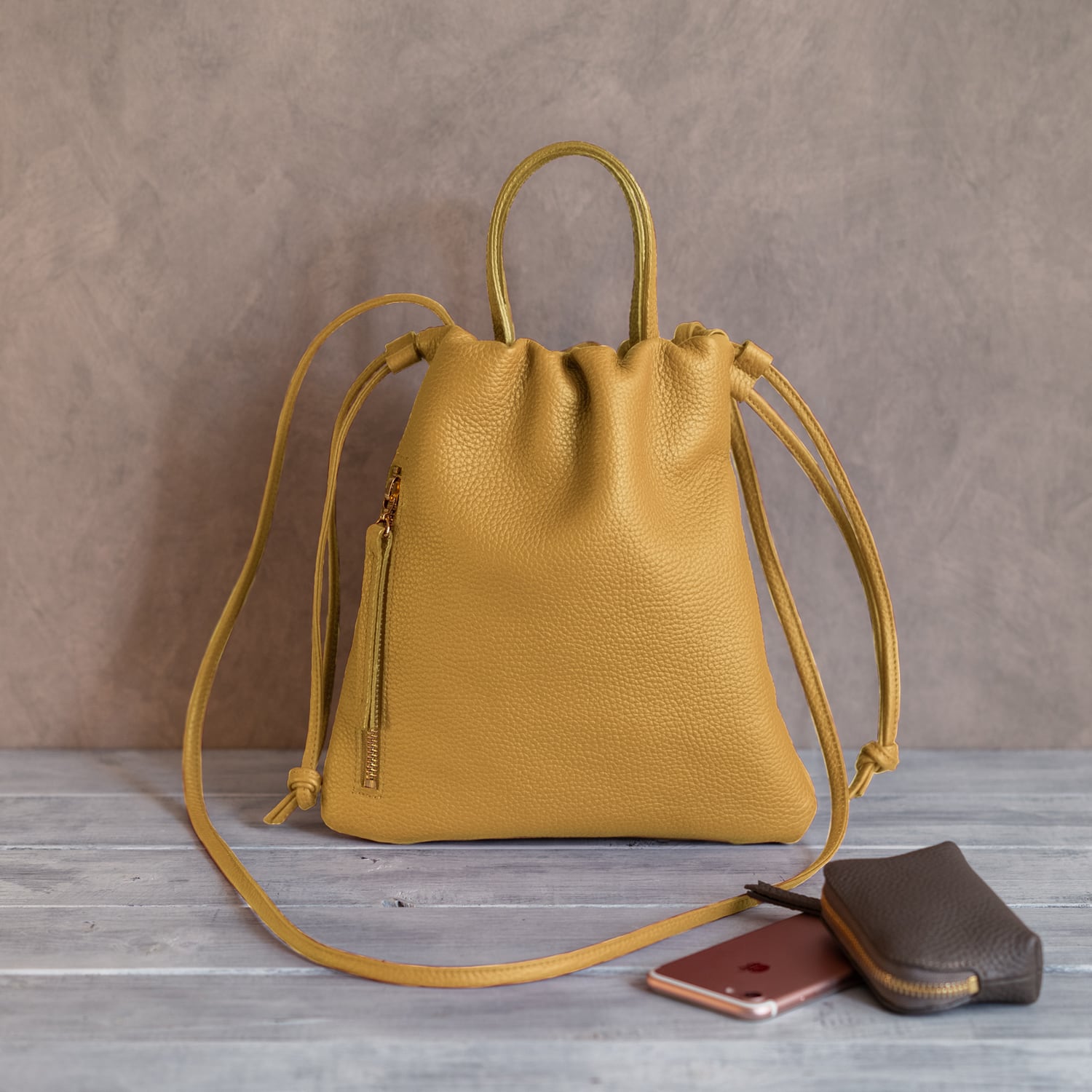 縦長巾着 2WAY ポシェット本革シンプル ショルダーバッグ | chouchou