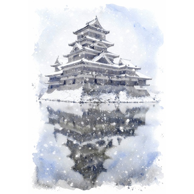 絵画 風景画 日本の城 冬 長野県 雪の松本城 インテリアアート額付き 水彩画・油絵風 WAT0982