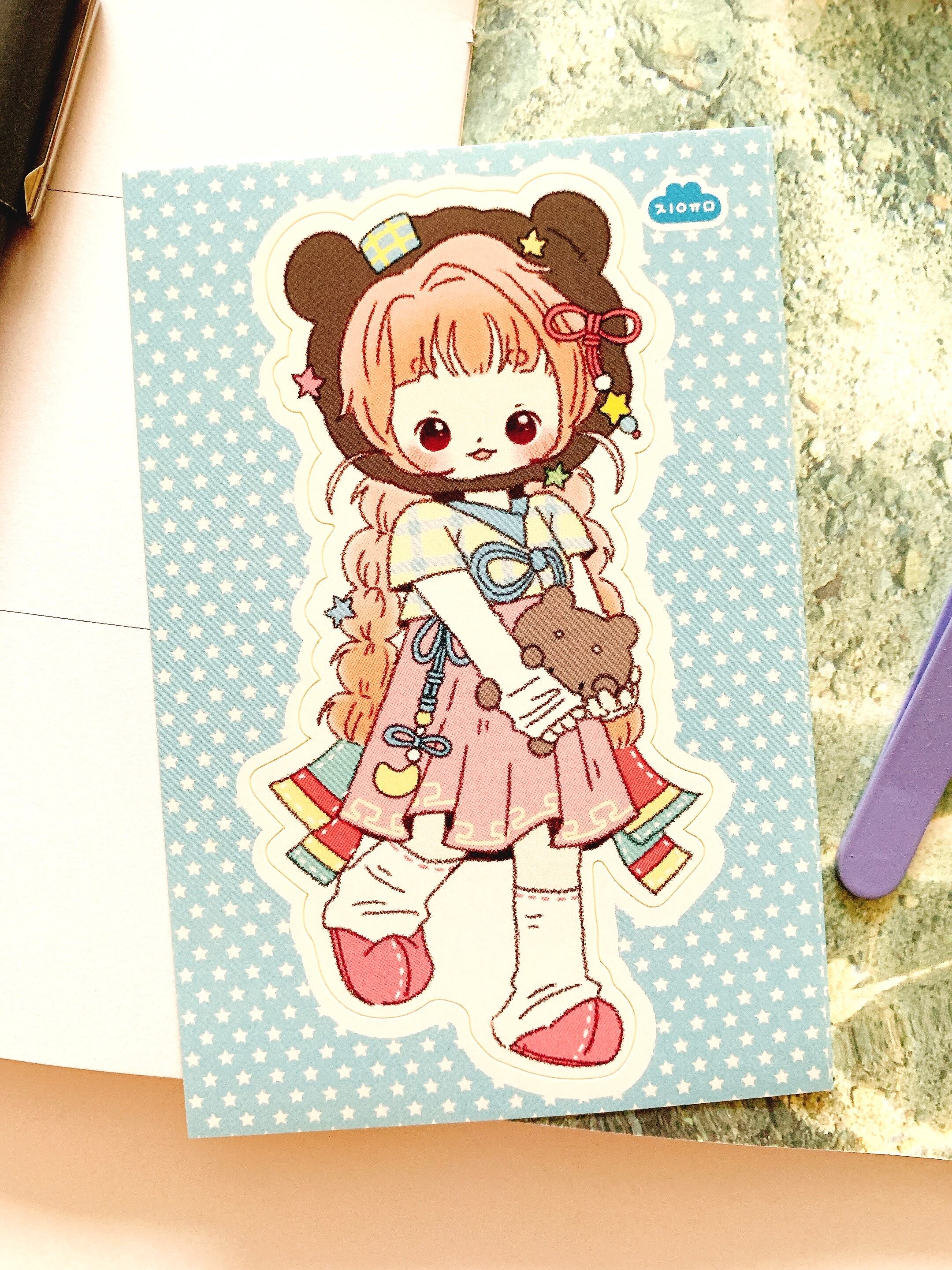 韓国作家、韓国シール【ジユム】☆半月クマ少女、青、 手帳デコ、推し