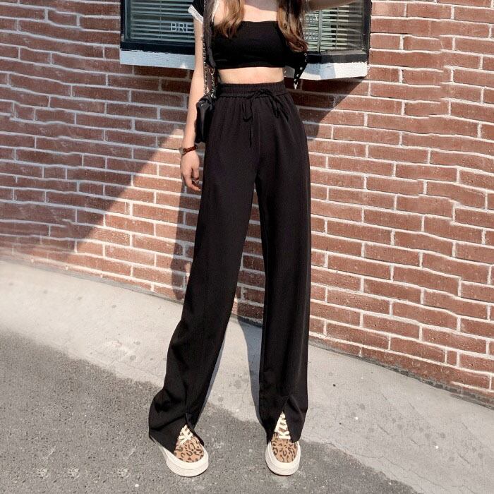 パンツ レディーススプリングサマーハイウェストウェストストレッチルーズスリットワイドレッグ エラスティック 伸縮 春物 夏物 ワイドパンツ ドラファッションホール37557573405