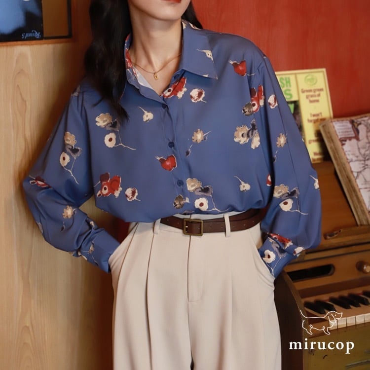 ビンテージ 長袖 シャツ 総柄 花柄 チューリップ ポリシャツ 美品LLYIVINTAGE