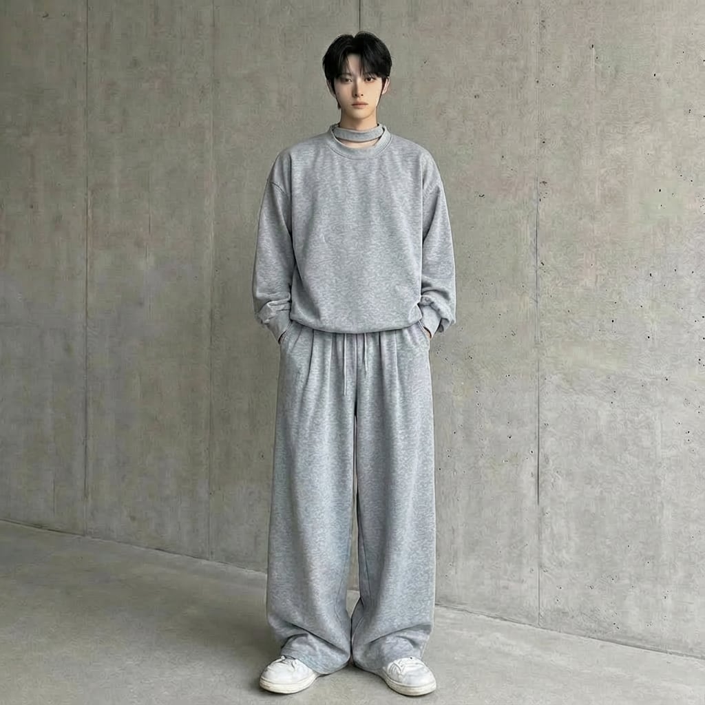 デザインネック ルーズスウェット セットアップ 2カラー D11541