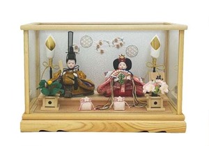 雛人形　ガラスケース入り　白木ケース　親王飾り　小芥子　黄櫨染