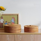 手編みバスケット ＜１２×３０cm＞ 木製風バスケット シンプル レトロ ラタン収納ボックス 蓋付き ジュエリー ティーセット 収納ボックス