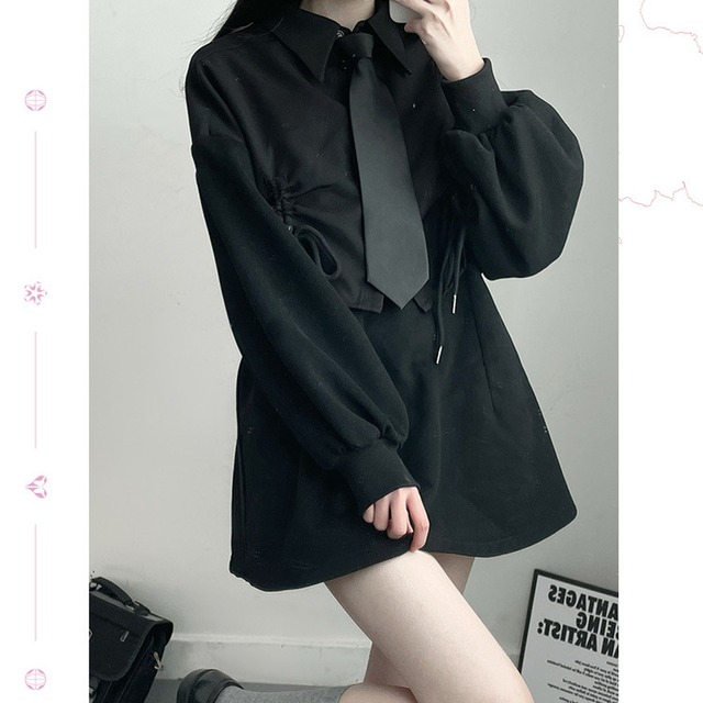 Pinksavior フェイクツーピース シャツ トレーナー プルオーバー ネクタイ ホワイト ブラック 可愛い Jk 量産型 原宿女子 カジュアル 10代 代 モード系ファッション専門店 With U Pinksavior フェイクツーピース シャツ トレーナー プルオーバー ネクタイ ホワイト ブラック 可愛い Jk 量産型 原宿女子 カジュアル 10代 代 モード系ファッション専門店 With U