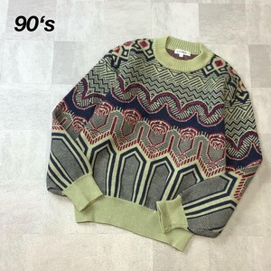 90’s SUPERLOR 総柄 幾何学 デザインニット セーター カーキ系