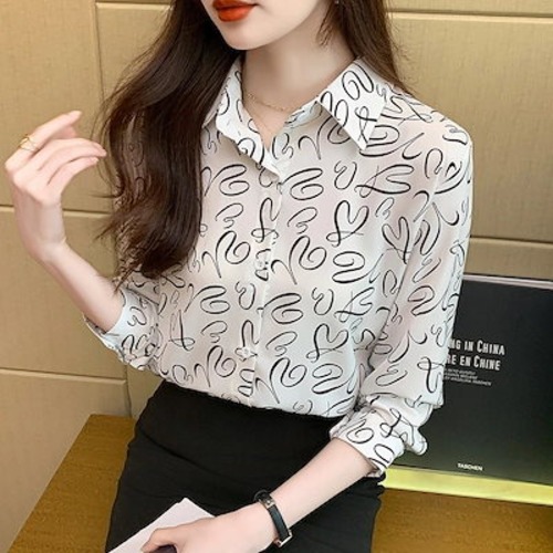 2025春新作ゆったり長袖シャツ プリントシャツ 今っぽシアーシャツ 長袖 韓国 ブラウス レディースファッション オフィス カーディガン
