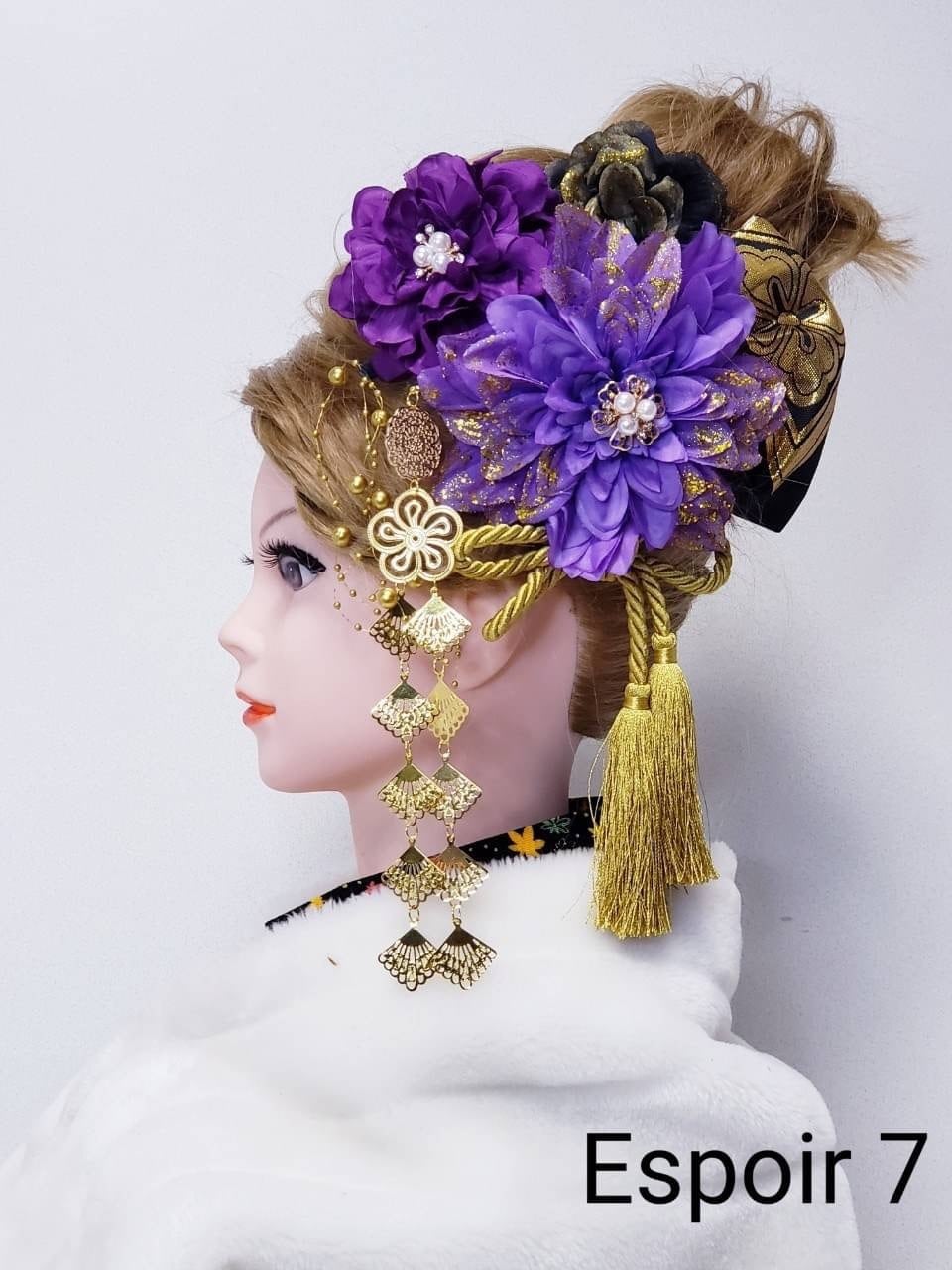 7 髪飾り 紫 黒 ゴールド かっこいい 派手 成人式 結婚式 簪 組紐 
