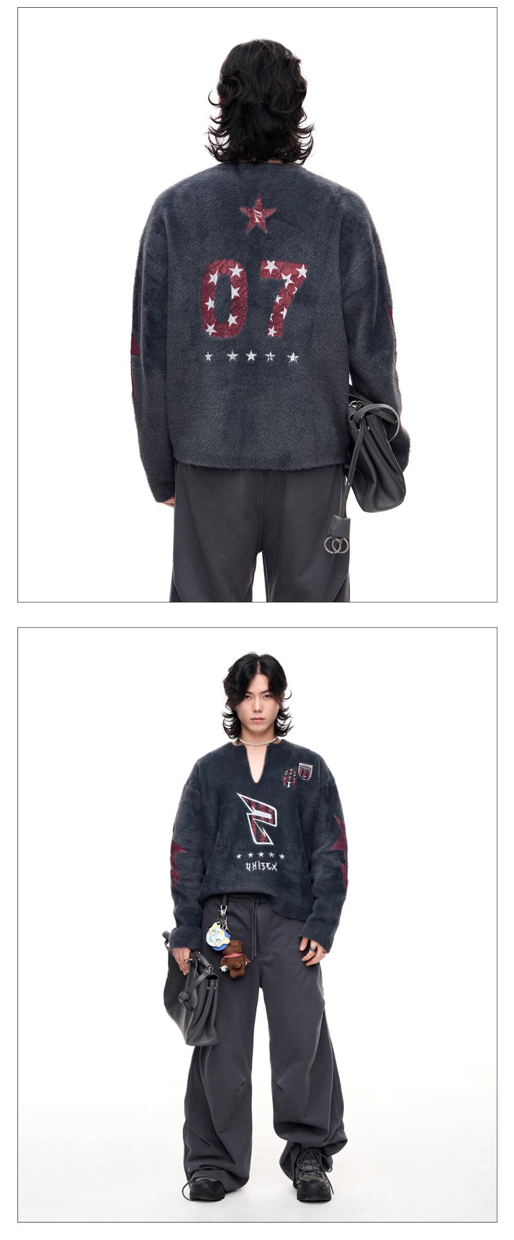 PEOPLESTYLE シャギーニットセーターVネックロゴ入り男女兼用 PEOPLESTYLE シャギーニットセーター Vネック ロゴ入り ルーズ