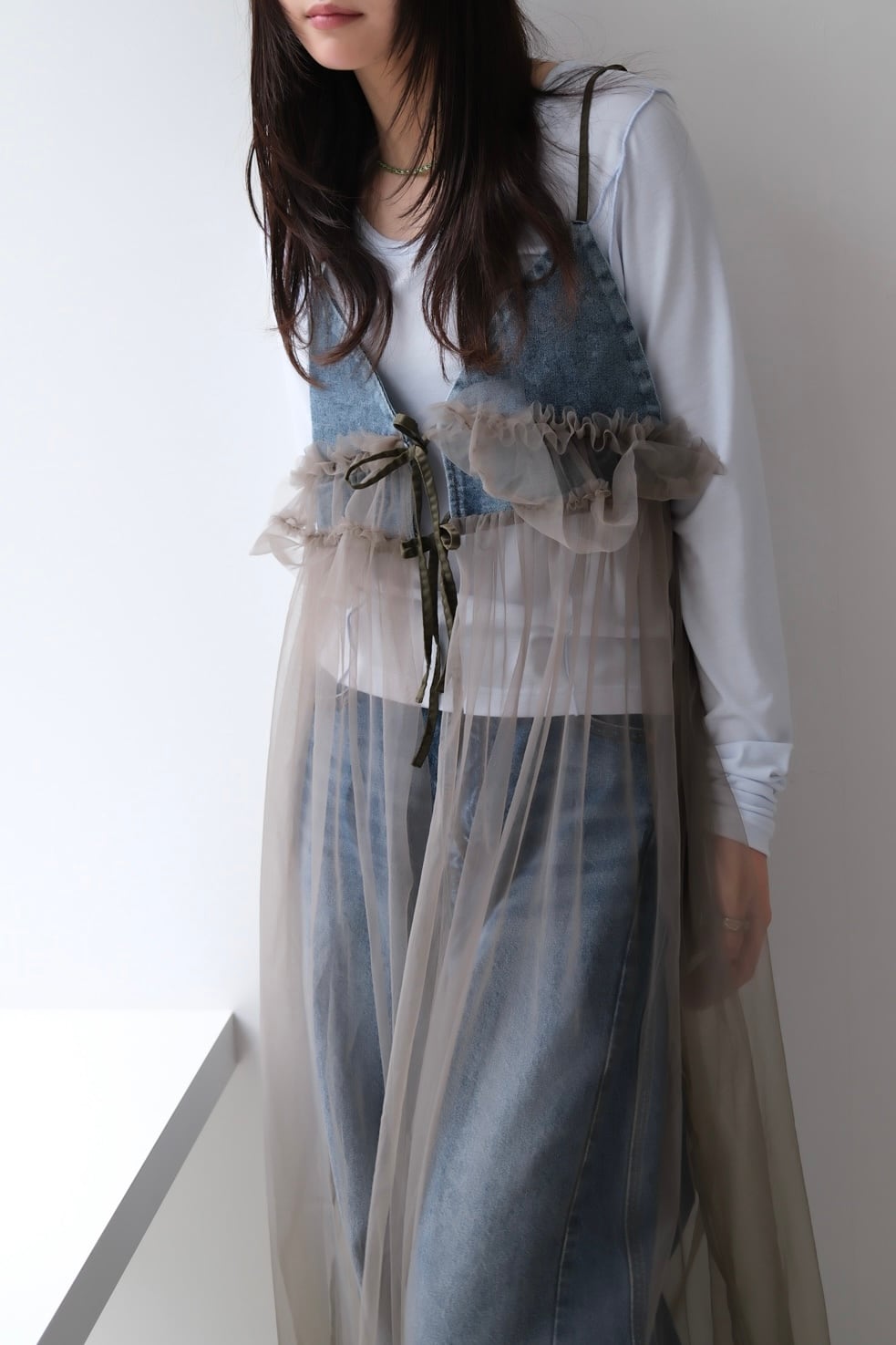Denim docking tulle cami dress デニムドッキングチュールキャミワンピース CHEMICAL BLUE