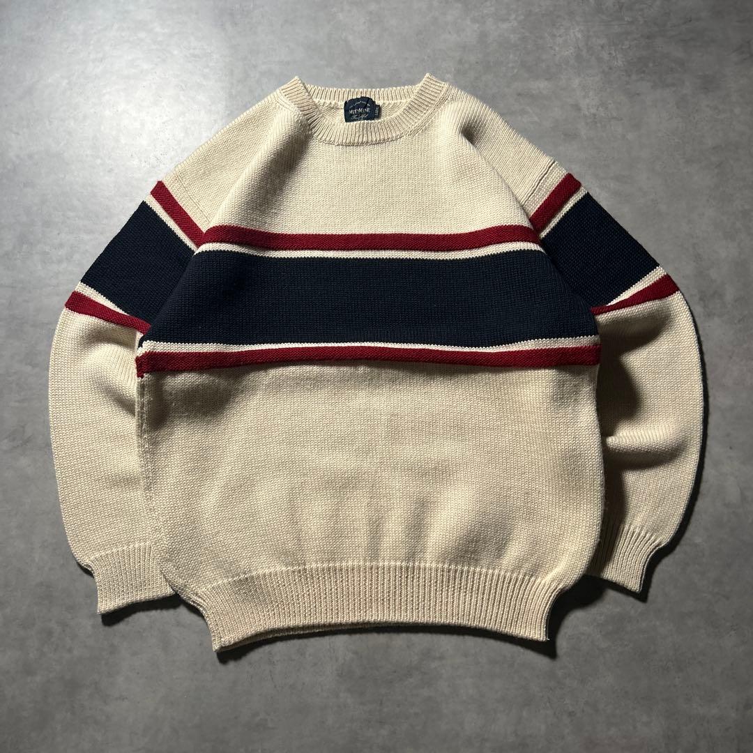 ヴィンテージ 100%ウール ケーブル ボーダー ノルディック ニット セーター