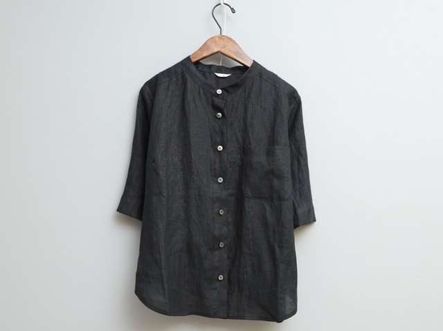 ヘンプローンのスタンド半袖シャツ　COL/黒