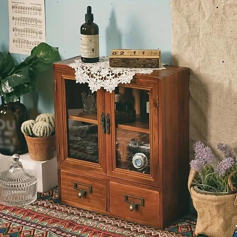 アンティークチェスト 木製収納棚 キャビネット ヴィンテージ調 カフェ 小物入れ 収納ボックス 引き出し ガラス扉 整理整頓 おしゃれ インテリア