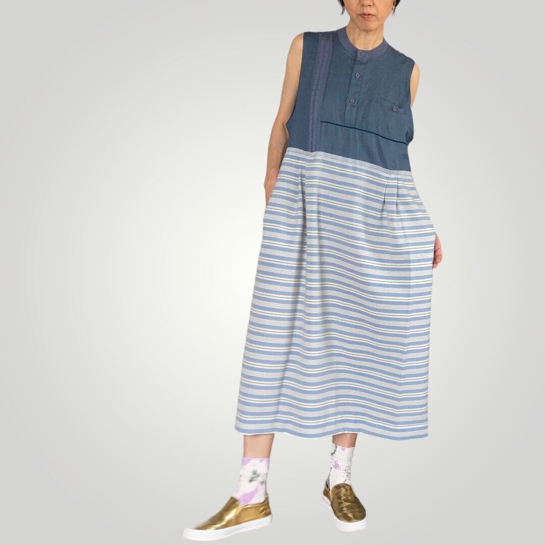 ZOZOTTE remake sleeveless one-piece/リメイクノースリーブワンピース/ブルー&ボーダー柄
